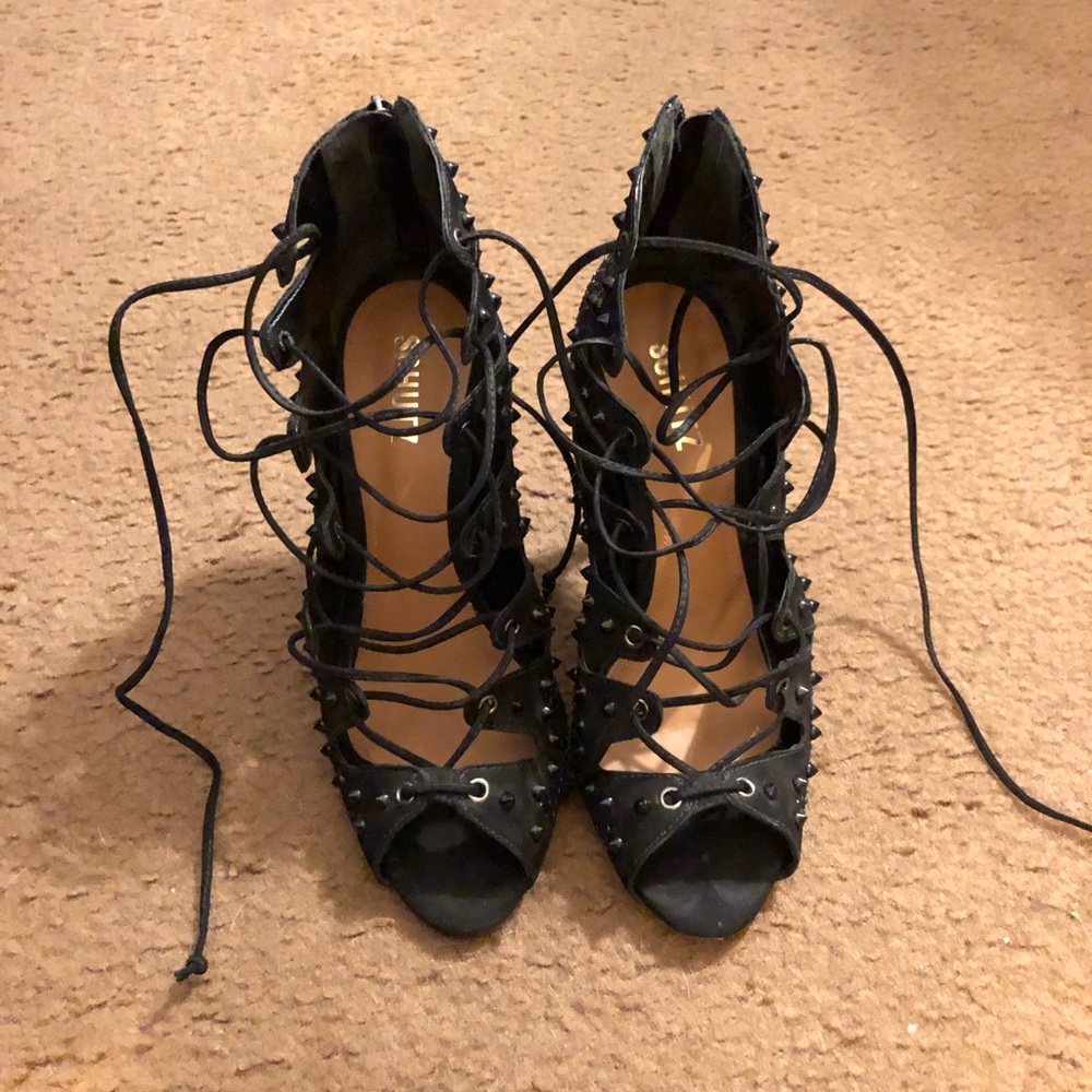 Schutz Suede Lace Up Studded Heeled Sandals, Sz 10 - Picture 2 of 8